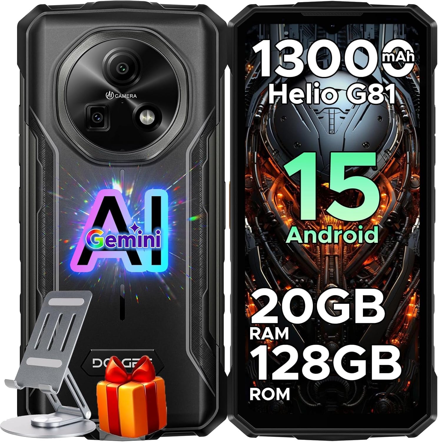 Fire 5 Pro Rugged Phone,13000Mah Battery,Helio G81 Octa Core,Android 15 with Gemini AI,20GB+128GB/2TB,6.6" Hd+90Hz Rugged Smartphone,13Mp+8Mp,Ip68 Waterproof Phone,Nfc/Otg/Triple Card Slot