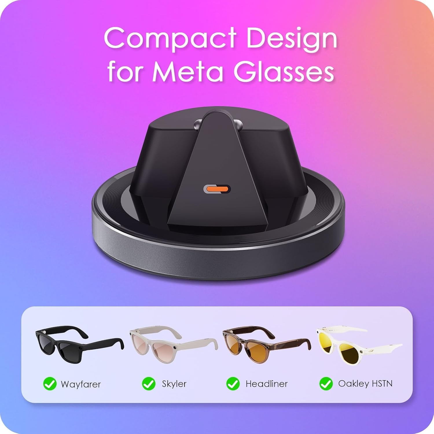 Estación de carga para gafas Meta Ray-Ban - Cargador portátil compacto Wayfarer, Skyler y Headliner, compatible con Oakley Meta HSTN, indicador LED, gris espacial