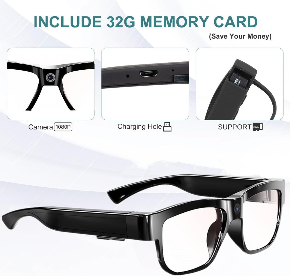 Lentes con cámara, gafas de vídeo, gafas inteligentes HD