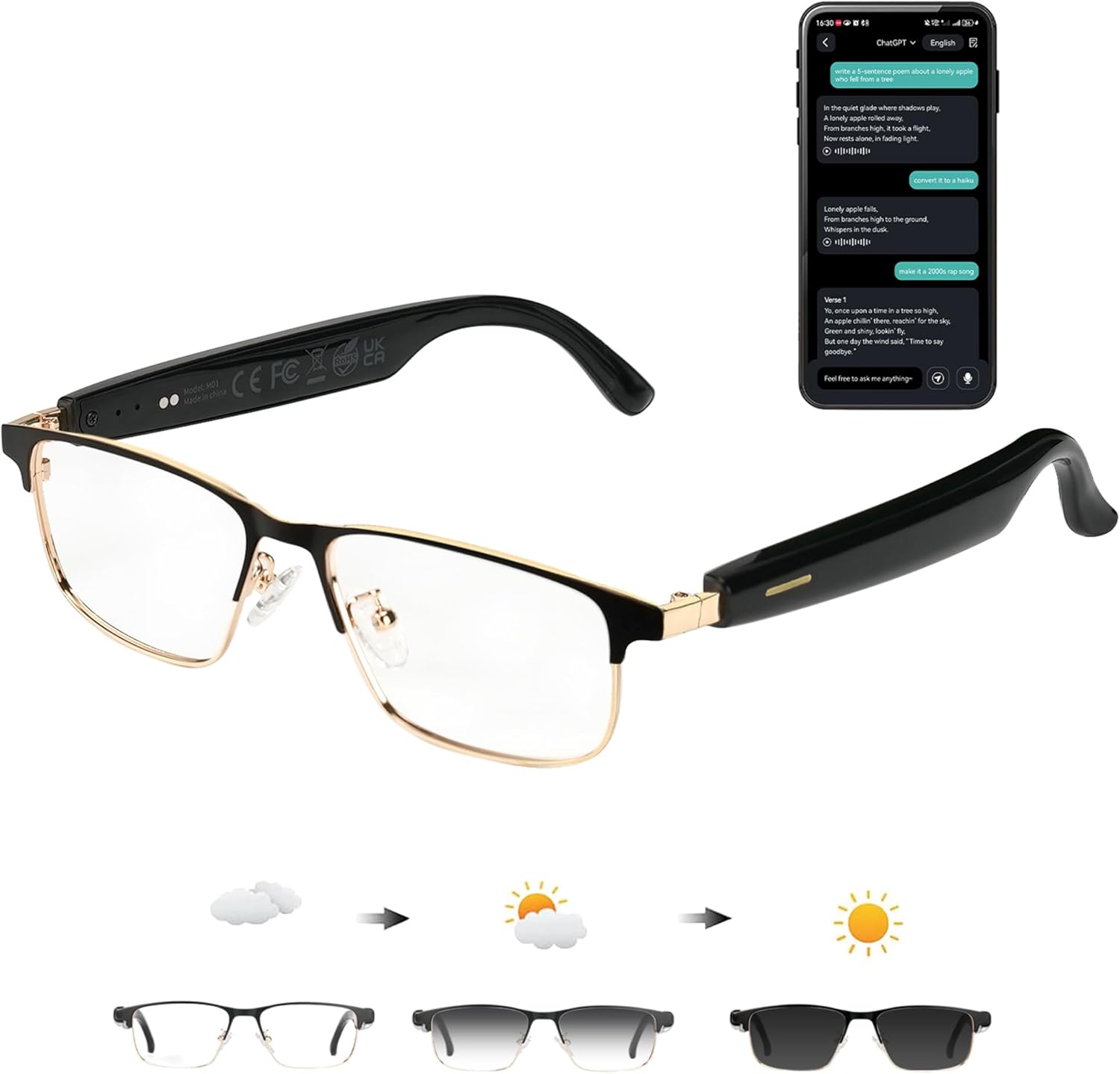 Gafas inteligentes con traducción de IA, chat, GPT y Bluetooth Deepspeek