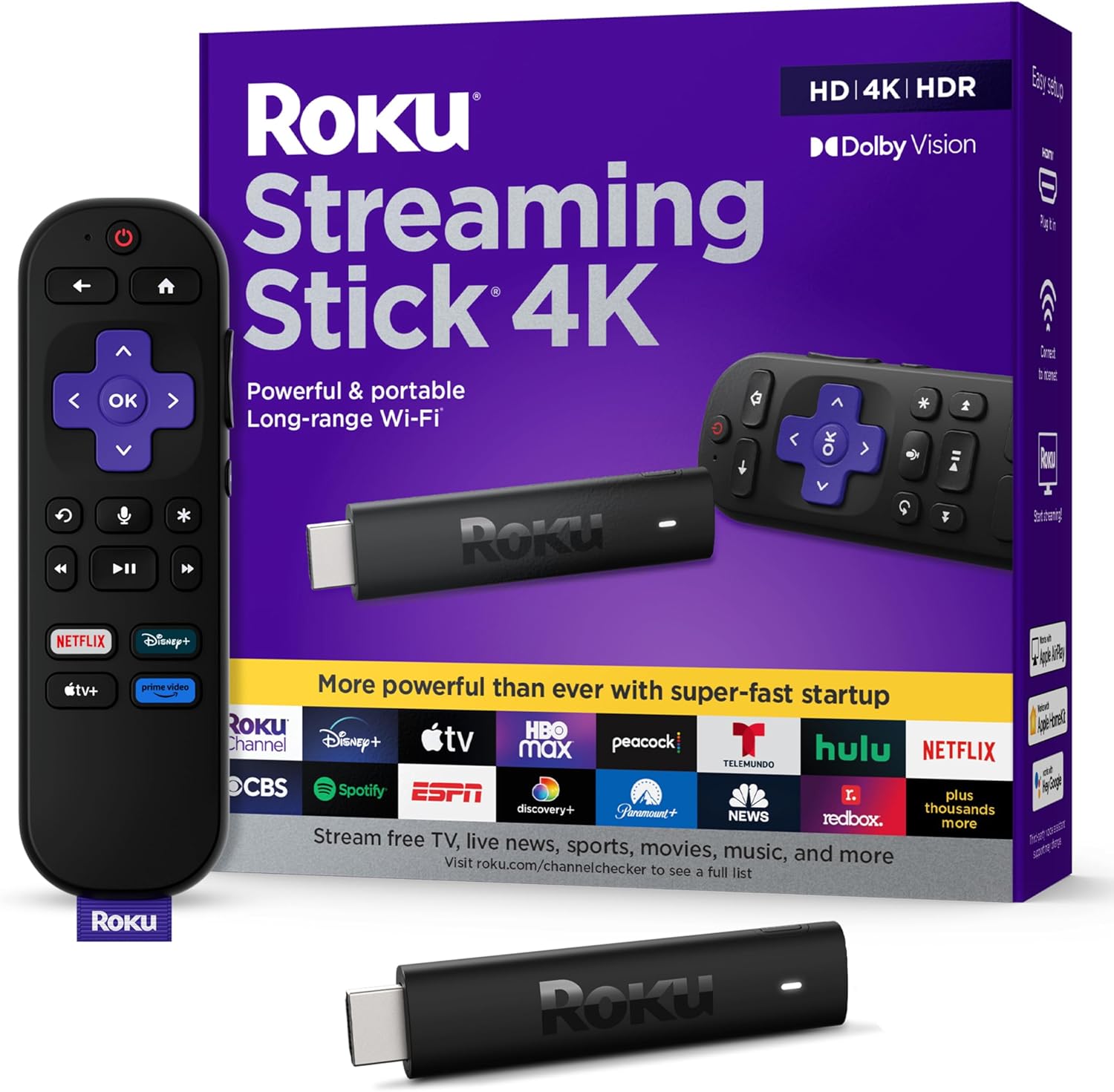 Roku Streaming Stick 4K - Dispositivo de transmisión HDR y Dolby Vision Roku para TV con control remoto por voz y Wi-Fi de largo alcance - TV gratis y en vivo