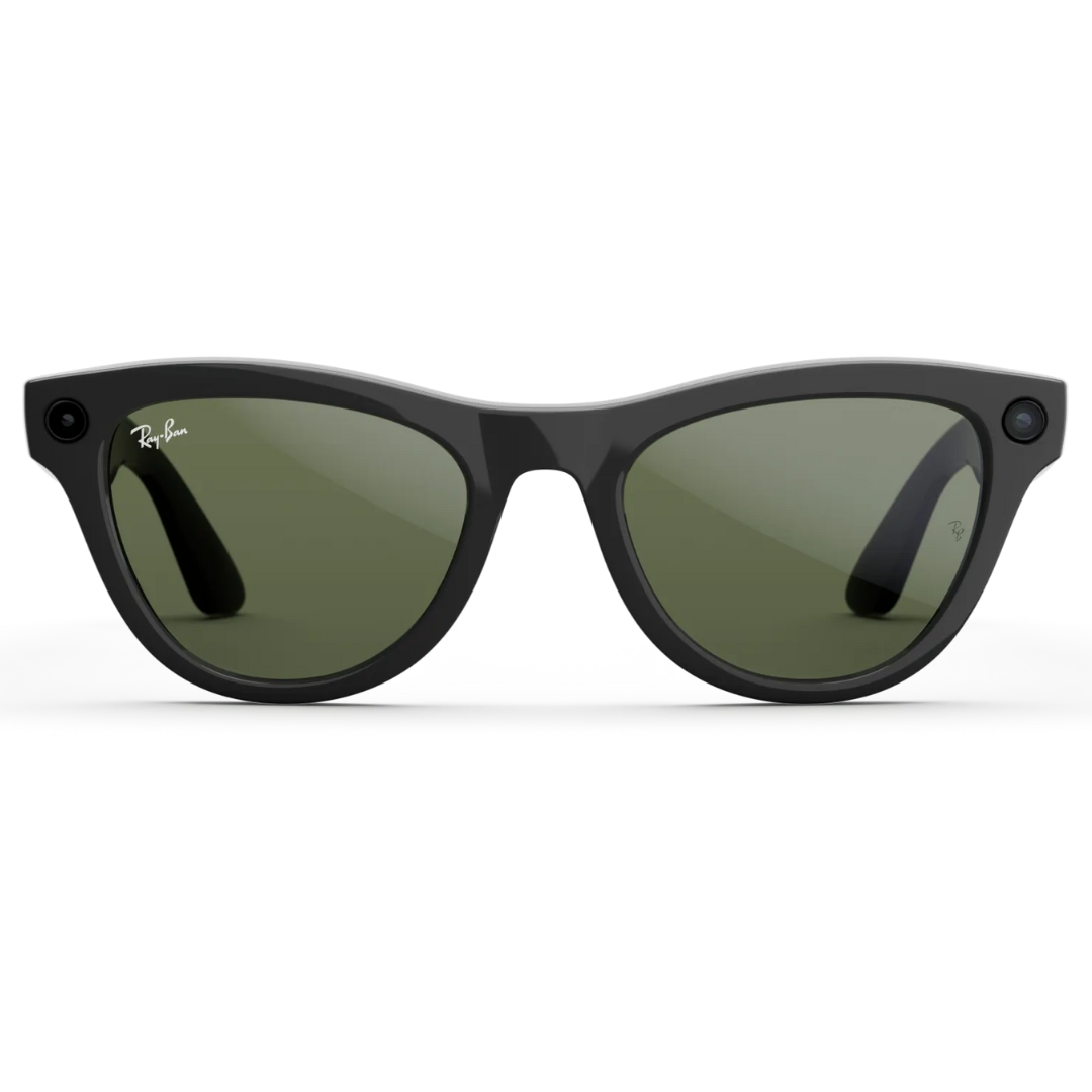 Gafas de sol inteligentes Ray-Ban Wayfarer negras. Lentes de sol verdes con cámara integrada para grabación.