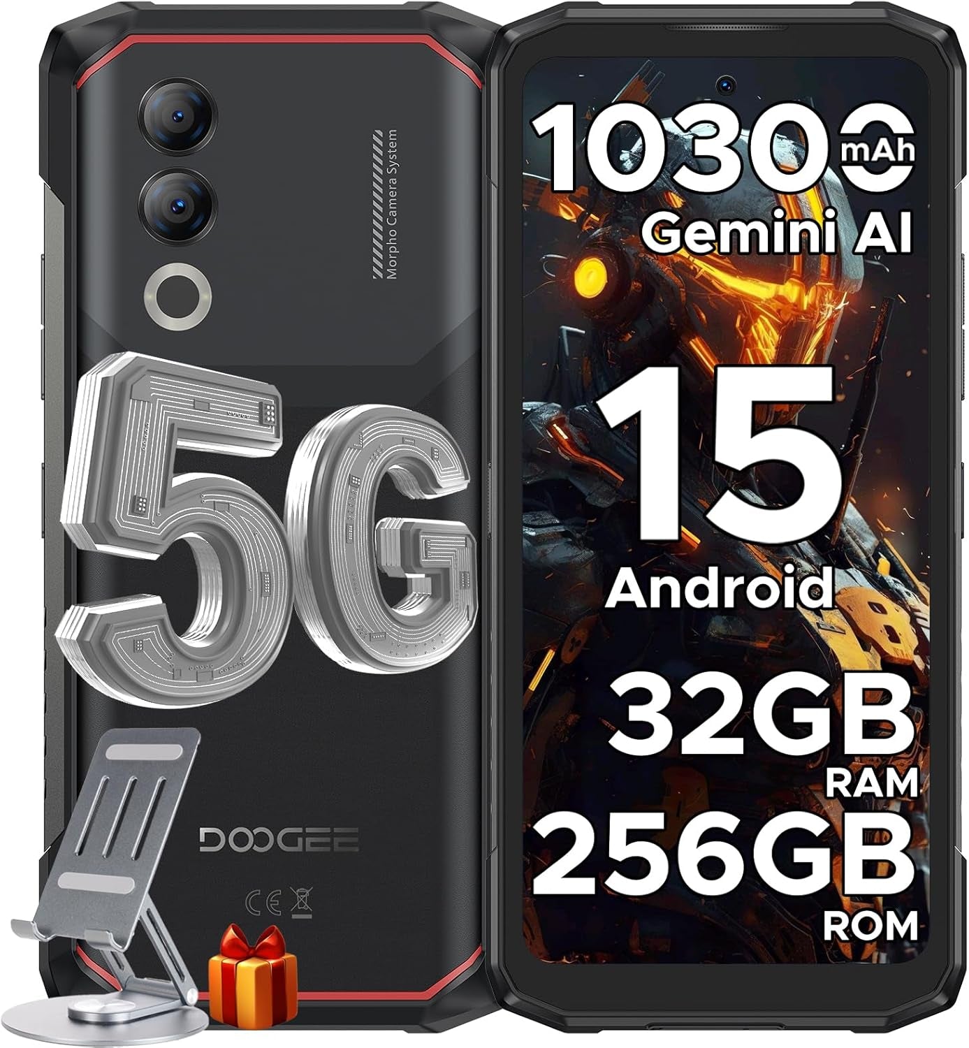 Blade 20 Turbo AI 5G Rugged Phone Unlocked,10300Mah/33W,Android 15 Rugged Smartphone,32Gb+256Gb/Tf 2Tb,Dimensity 7050,6.6”HD + 90Hz,50Mp+16Mp,Face Id/Nfc/Wifi6/Ip68/Ip69K/3 Card Slot,Black
