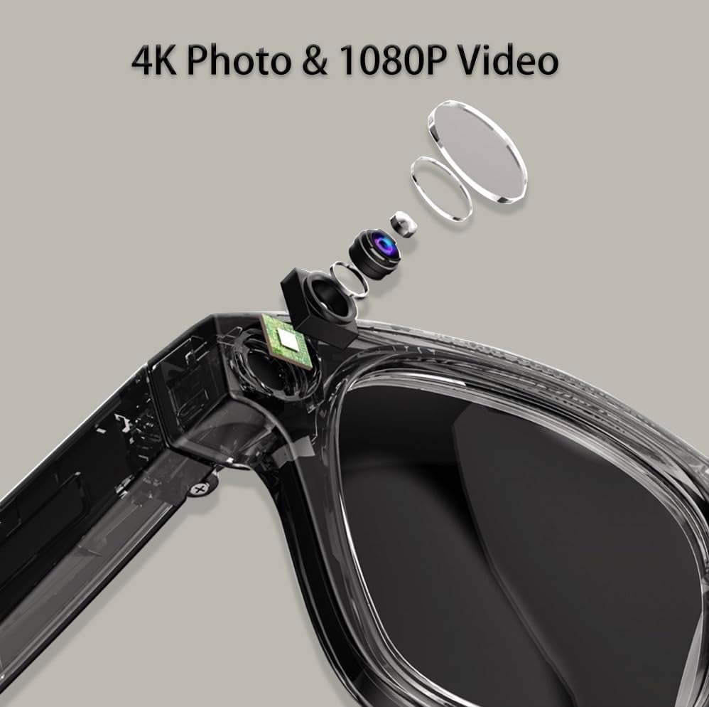 4K Camera Glasses, AI Smart Glasses with Real-Time Translation & Object Recognition,32Gb Storage, Max 10Hrs Playtime | 2 Lens Set(Transparent&Black for Outdoor,Work,Travel, Business - Black