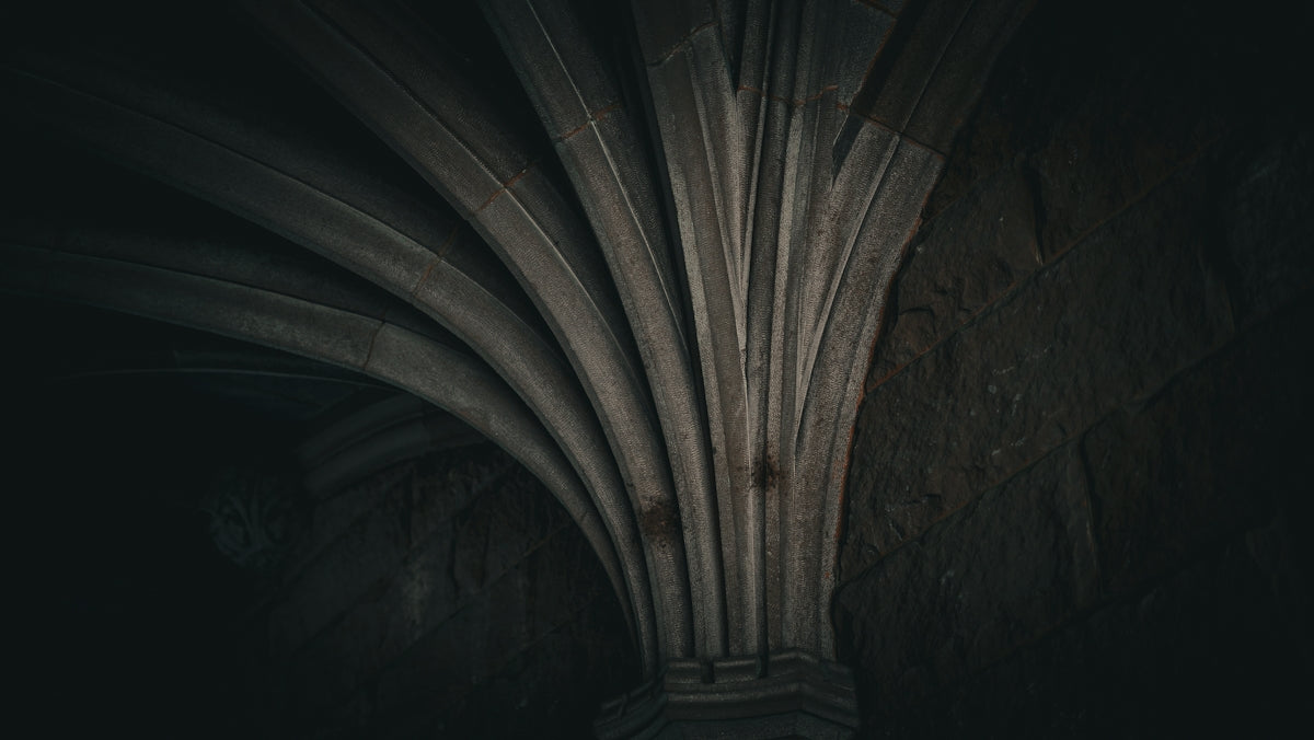 Arched ceiling in a dim, gothic-style building.