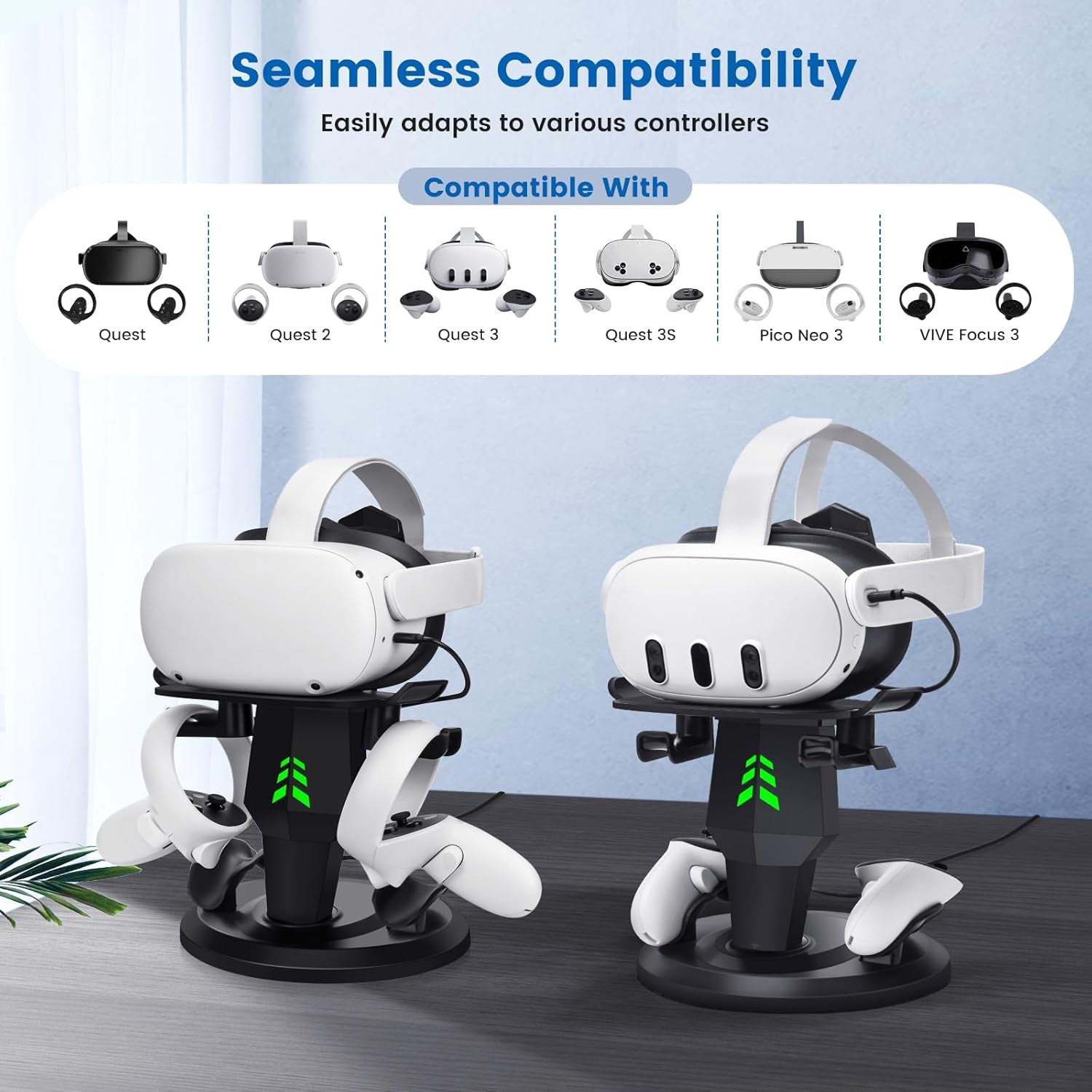 VR Headset Charging Dock for Meta Quest 3/Quest 3S/Quest 2, VR Charging Stand for Quest 3 Accessories VR Stand Supports Charging Headset with Type C Cable and Fit Controller with Cover