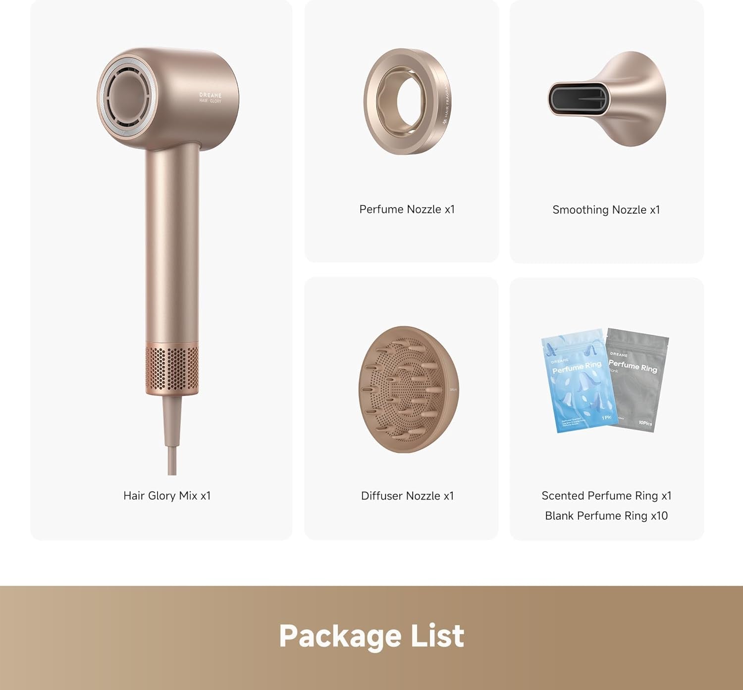 Glory Mix High-Speed Hair Dryer, Dual Voltage, 3 Magnetic Nozzles, Perfume Infusion, Customized Fragrant Drying, NTC Control, 300M Negative Lons, 110,000RPM Motor, 336G Lightweight, Gold
