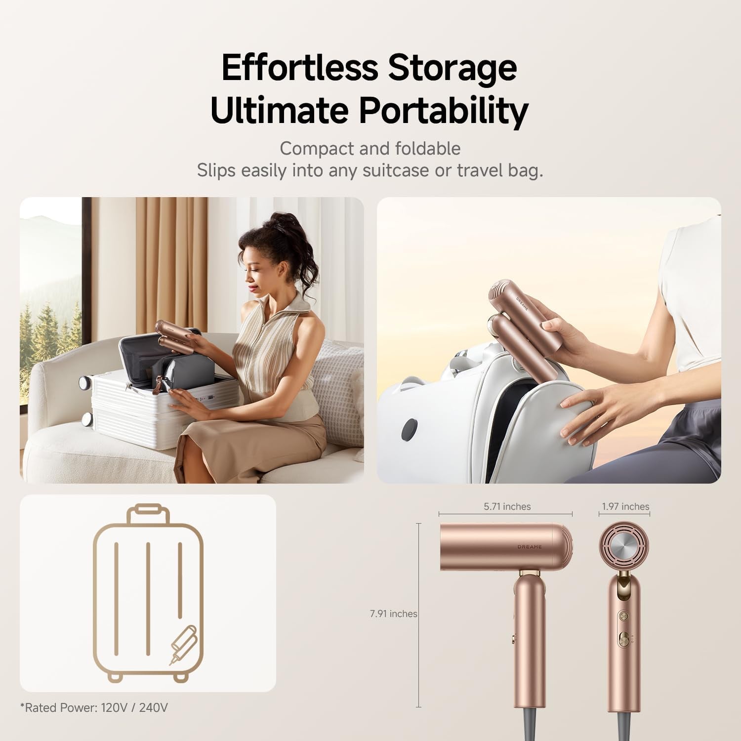 Pocket Pro Hair Dryer, Dual Voltage Travel Blow Dryer with Diffuser, 1300W Professional Highspeed Ionic Hair Blower, Fast Drying, Low Noise, Lightweight, No Heat Damage, Global Travel 120V/240V