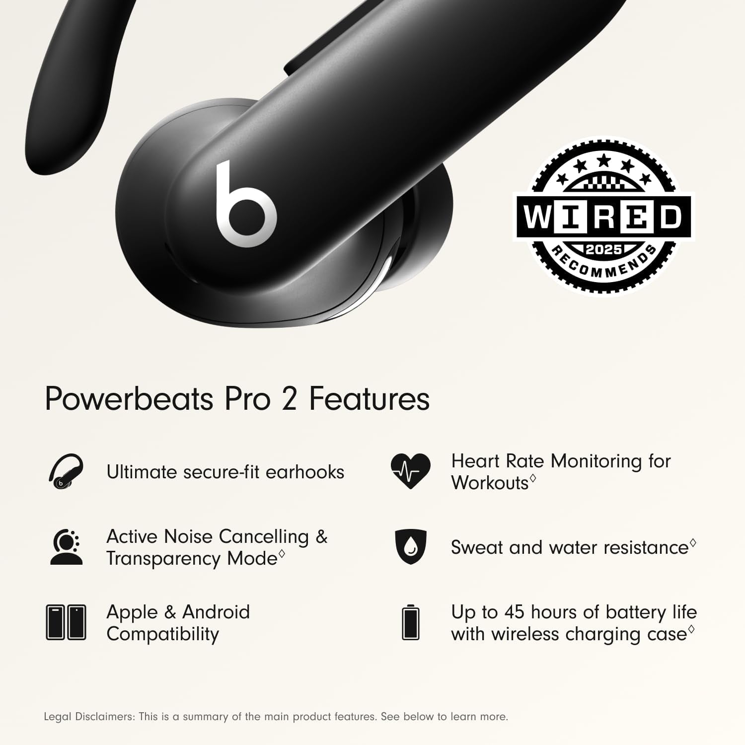 Power Pro 2 - Wireless Noise Cancelling Workout Earbuds with Secure- Fit Earhooks, up to 45-Hour Battery with Charging Case, Sweat & Water Resistant, Heart Rate Monitoring - Jet Black