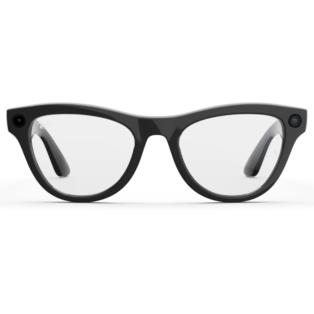 Gafas graduadas o de lectura inteligentes Ray-Ban Meta Wayfarer negras. Montura frontal y lentes transparentes.