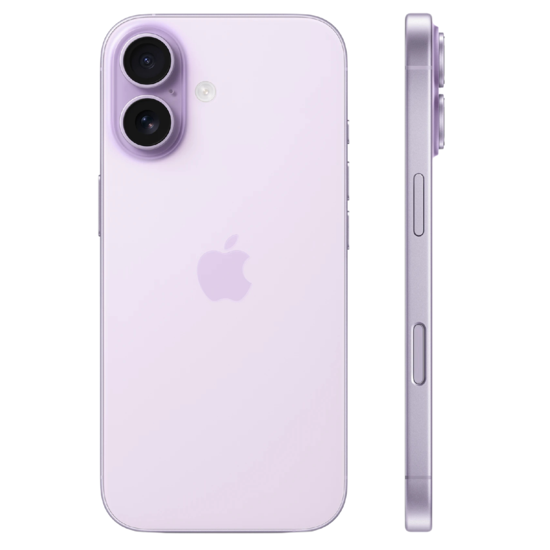 Vista trasera y lateral de un iPhone 17 en color lila o morado claro. Muestra el sistema de doble cámara y el diseño de los botones laterales.