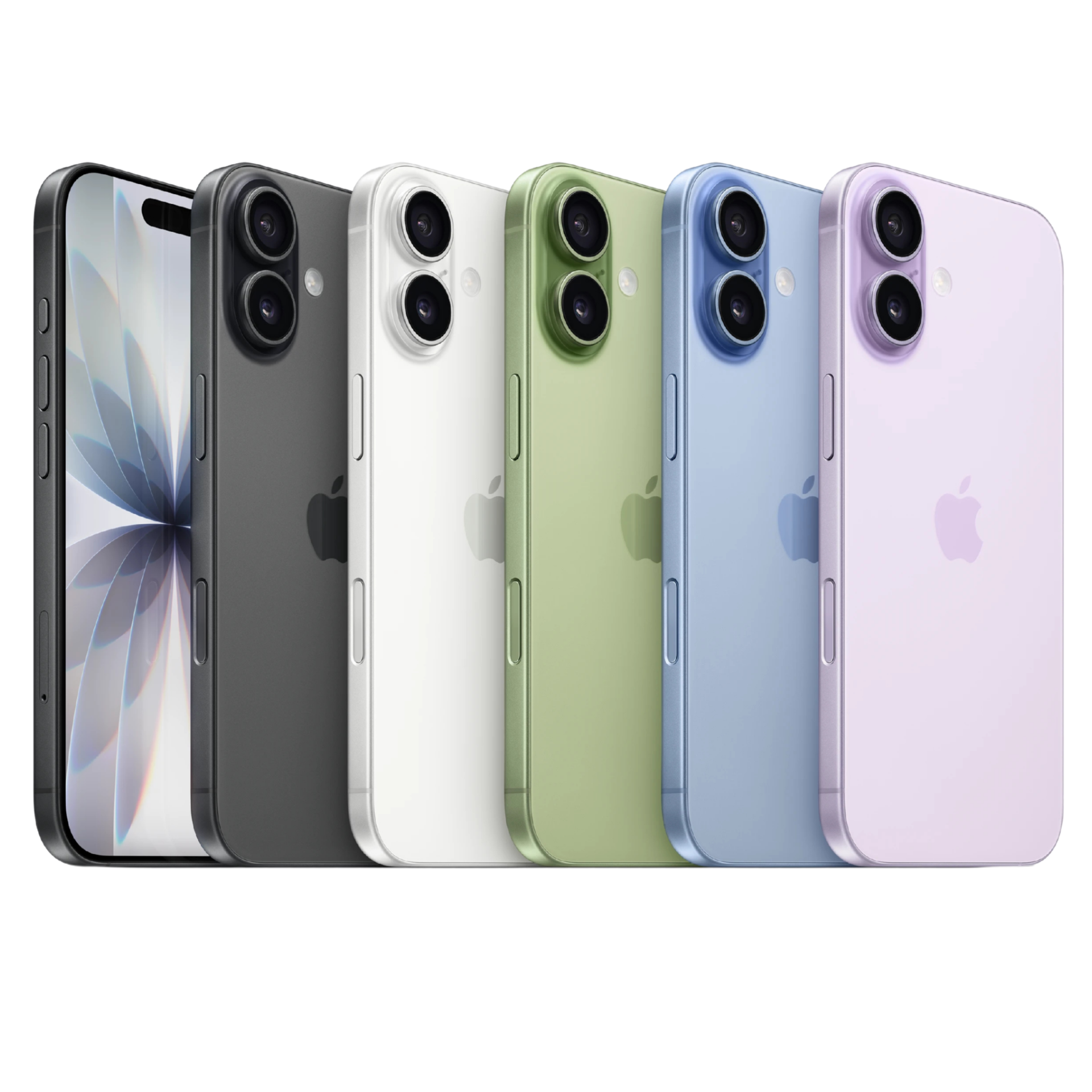 iPhone 15 en cinco colores: negro, blanco, verde, azul, morado