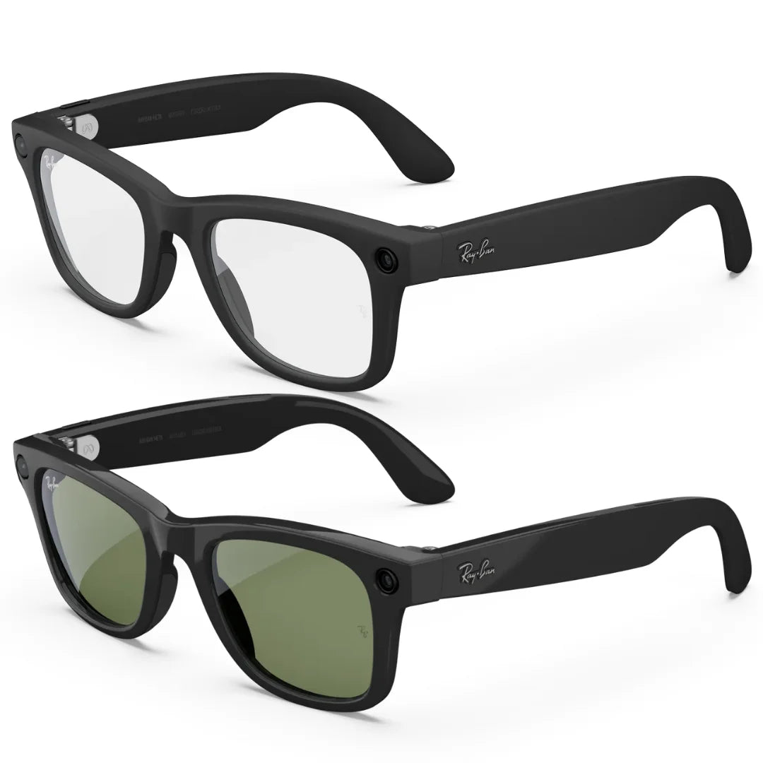 Dos pares de gafas Ray-Ban Meta Wayfarer (Gen 2) negras. Uno con lentes transparentes y el otro con lentes de sol verdes.