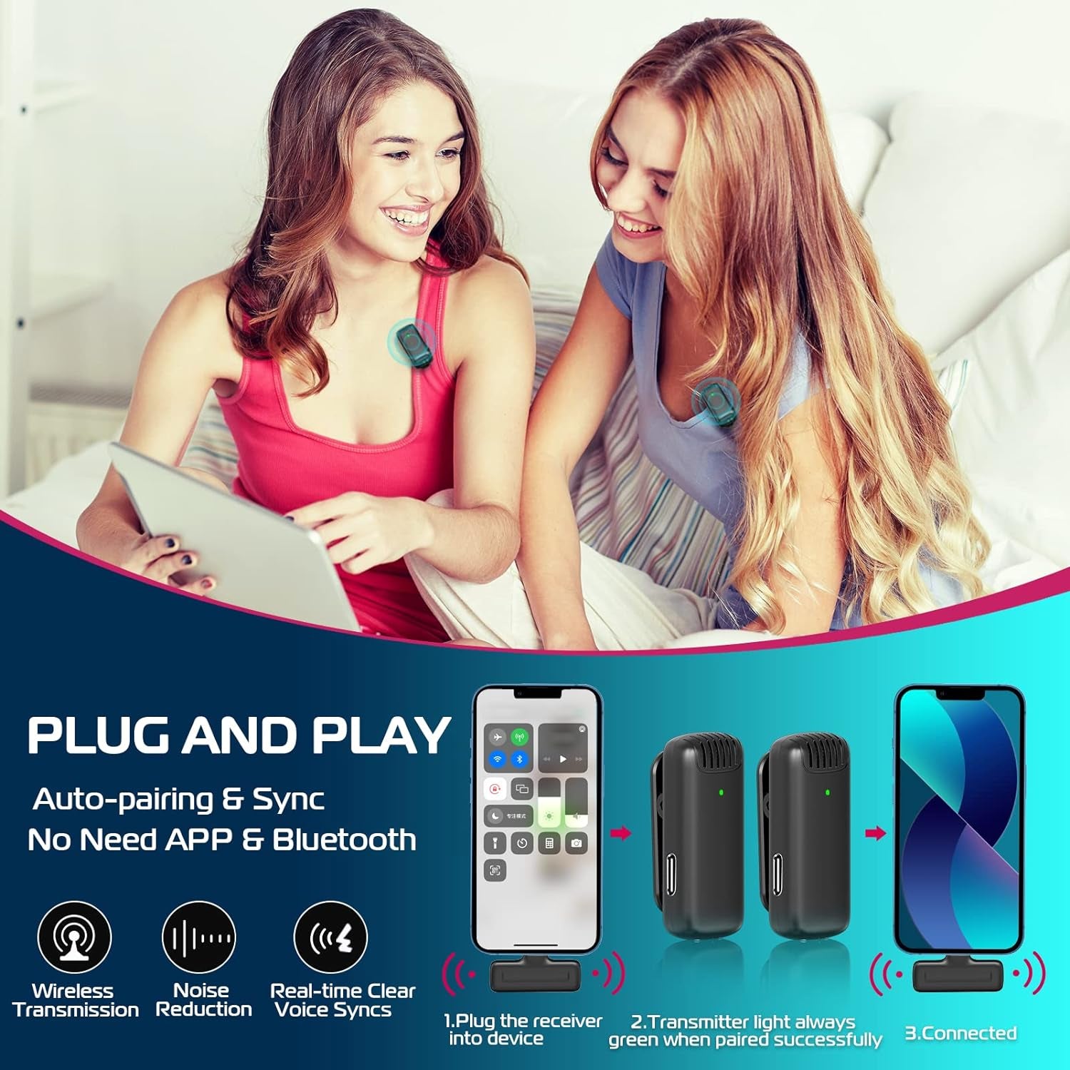 J12 Wireless Lavalier Microphone for Iphone Ipad, 2-In-1 Plug-Play Mic with Charging Case for Phone Video Recording, 65Ft Transmission Range