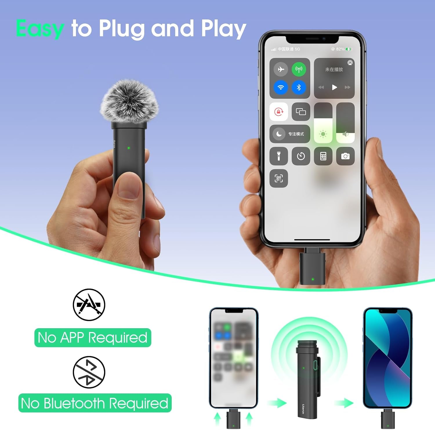 Wireless Lavalier Microphone for Smartphones, Plug-Play Mic with Charging Cable(Type-C Port) for Phone Video Recording Interview Youtubers Vloggers, 32.8Ft Transmission Range