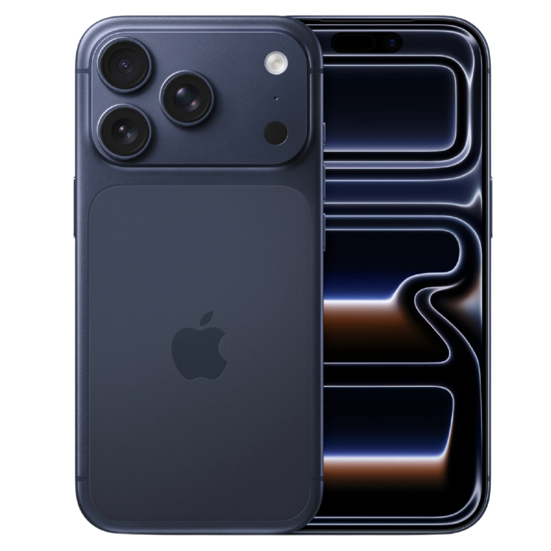 Representación de un iPhone 17 Pro en color azul medianoche. Muestra la parte trasera con triple cámara y el frontal con una pantalla encendida abstracta.