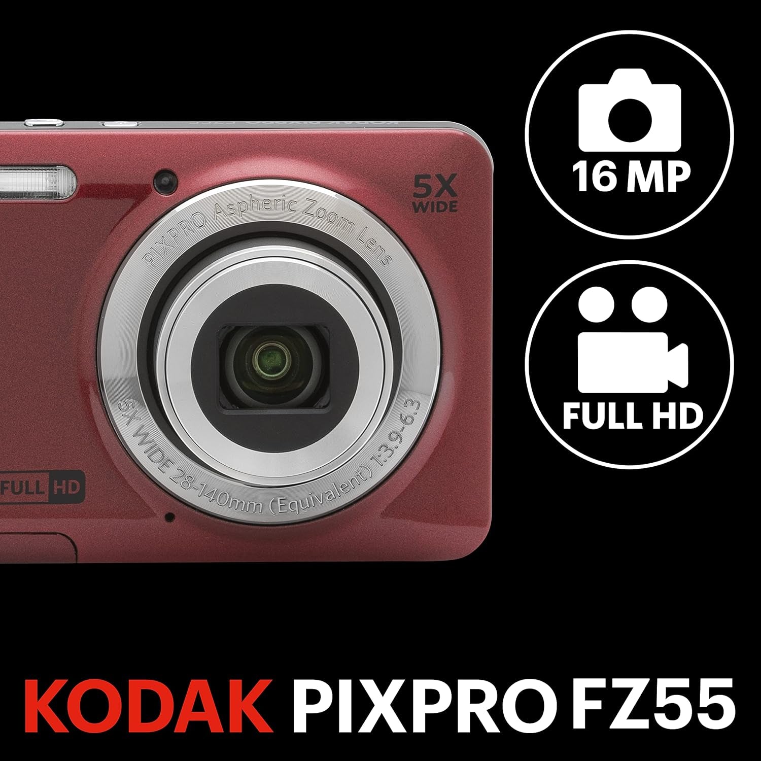 PIXPRO FZ55-RD 16MP Digital Camera 5X Optical Zoom 28Mm Wide Angle 1080P Full HD Video 2.7" LCD Vlogging Camera (Red) Packaging May Vary