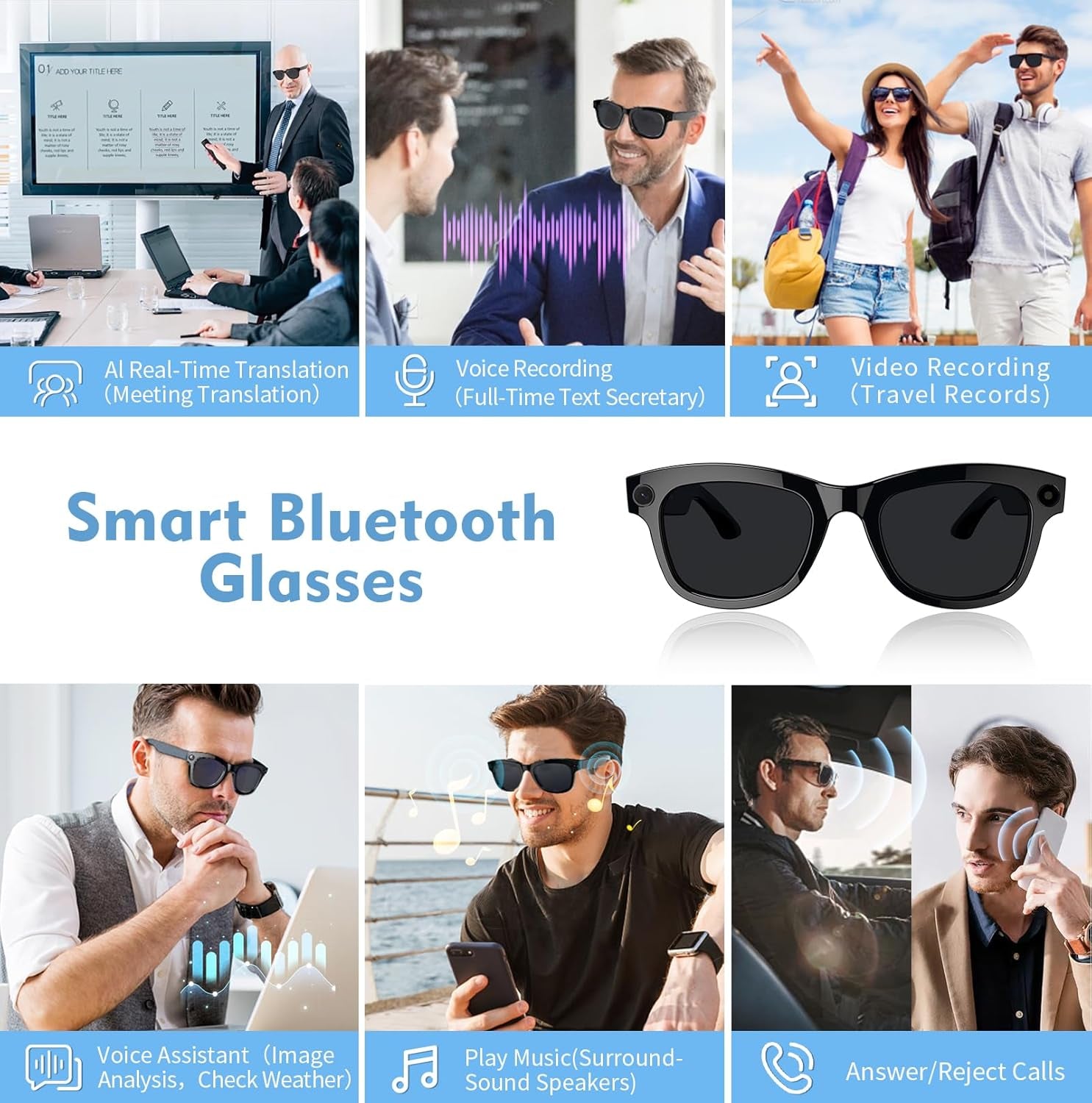 AI Smart Glasses with Chatgpt & 500W Camera | Video Recording, Sunglasses for Real-Time Translation, Music Control, EIS Stabilization | Wifi/Bluetooth 5.3 Smart Eyewear for Travel, Meetings