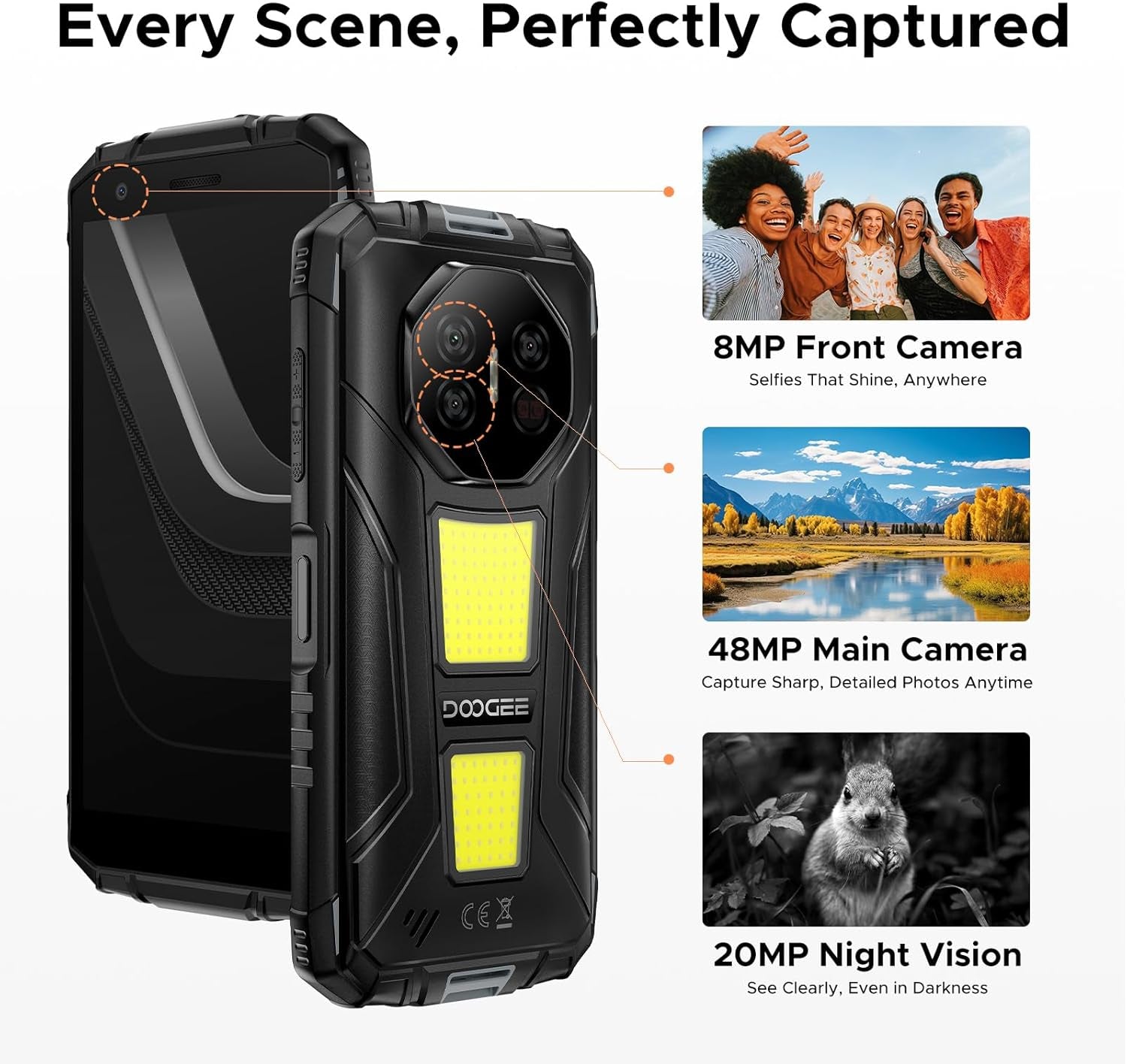 Fire 3 Max Rugged Phone Unlocked, 32GB+256GB/2TB Android 15 Rugged Smartphone, 8350Mah Battery Rugged Cell Phone with 5.5" HD Display, 48MP+20MP Night Vision, 2 Camping Lights, IP68/IP69K/GPS
