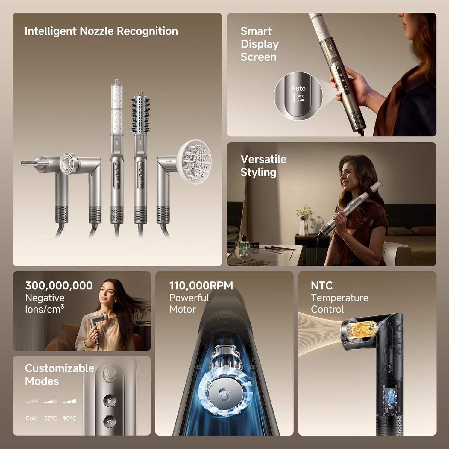 Dazzle Hair Styler and Dryer- Intelligent Nozzle Recognition, 110,000RPM High-Speed Motor for Fast Drying, 300M Negative Ions, 5 Snap-On Attachments, Smart Screen, 3 Customizable Modes