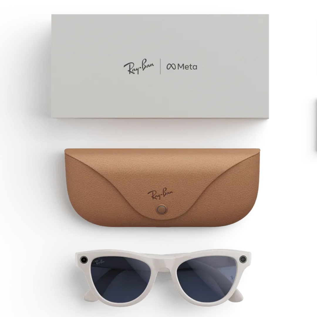 Gafas inteligentes Ray-Ban Meta Wayfarer grises con lentes oscuras, estuche de carga marrón y caja de embalaje.