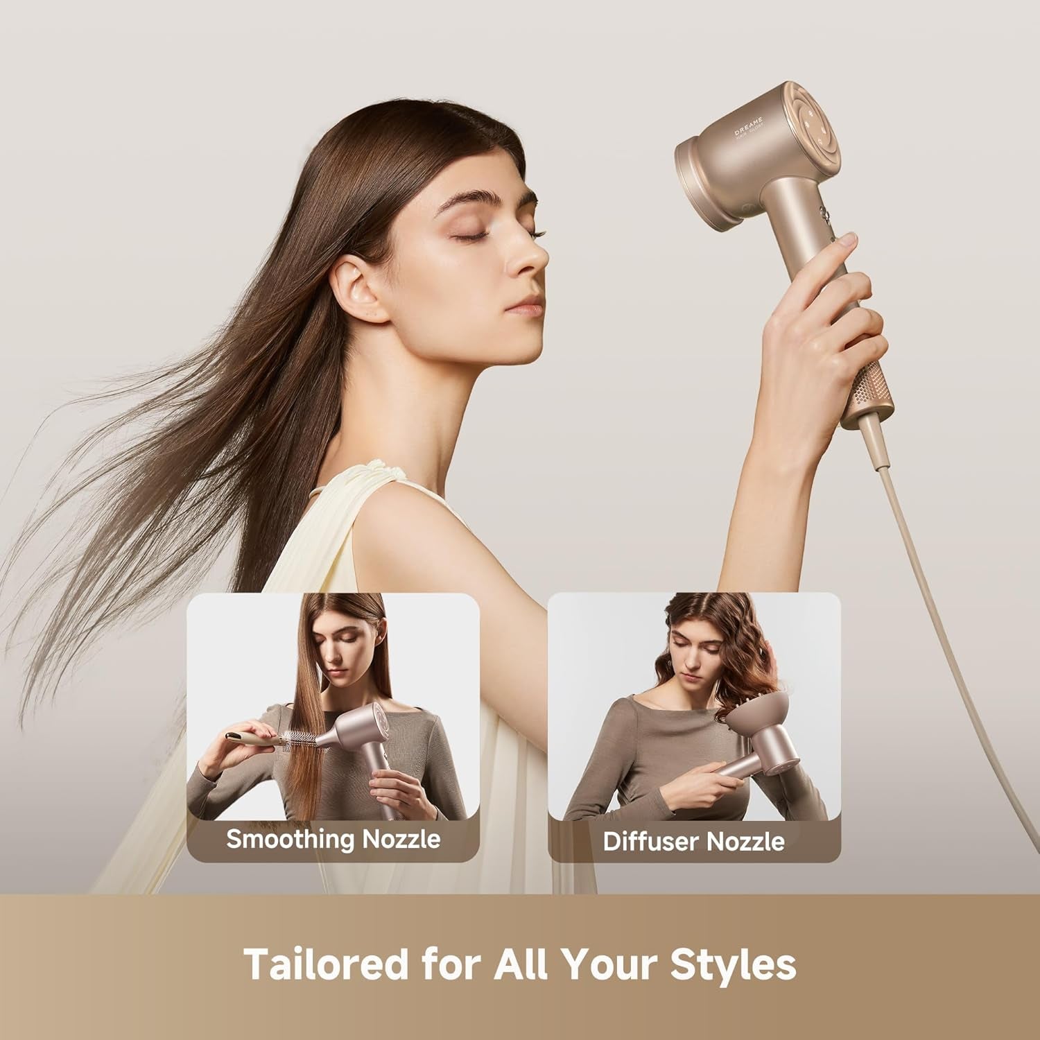 Glory Mix High-Speed Hair Dryer, Dual Voltage, 3 Magnetic Nozzles, Perfume Infusion, Customized Fragrant Drying, NTC Control, 300M Negative Lons, 110,000RPM Motor, 336G Lightweight, Gold