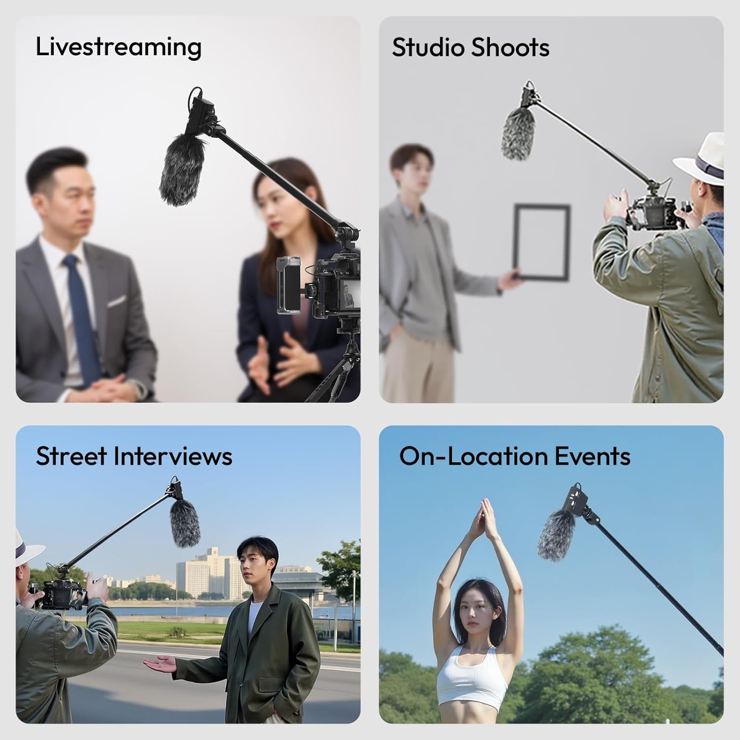 ZJ08 Extendable Cold Shoe Mic Arm Pole with Built-In 3.5Mm Audio Cable, 3 Section Aluminum Microphone Boom Pole for Cold Shoe Microphones, Angle Length Adjustable, 1KG Max Load