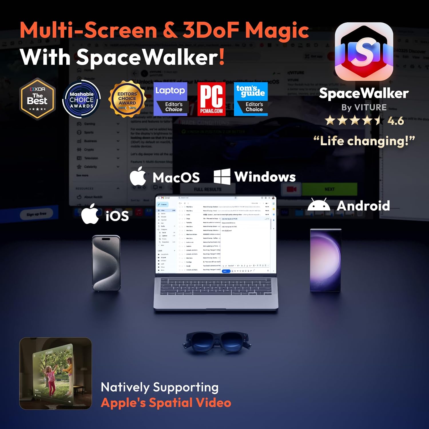 VITURE Lentes Pro XR/AR, pantalla de 135 pulgadas, 120 Hz, 1000 nits, audio Harman, ajustes de miopía, película electrocrómica, para iPhone 16/15/Android/Mac/PC/Steam Deck, primera experiencia XR