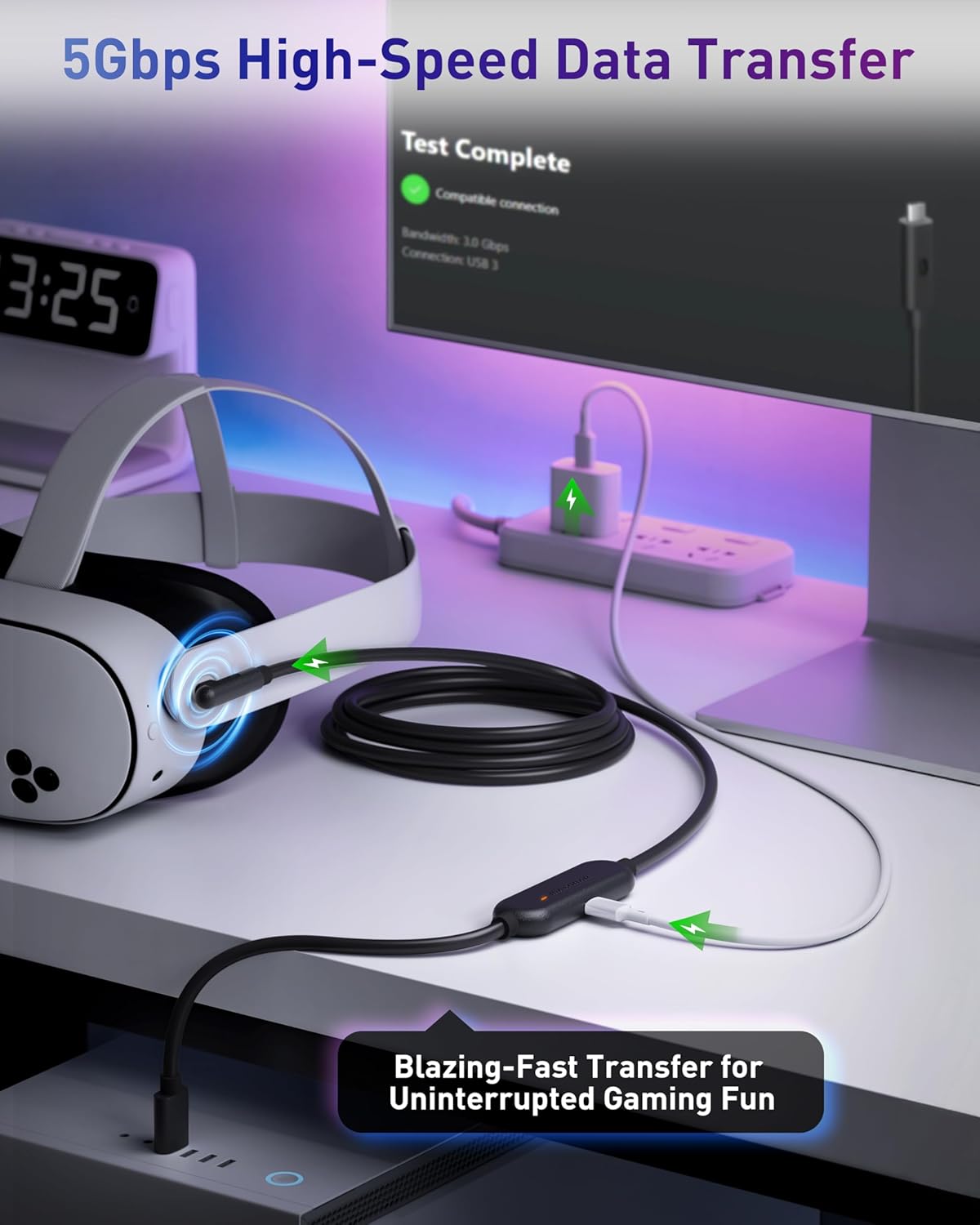 Cable de carga para realidad virtual (VR) de 6 m (chip de última generación), compatible con accesorios Meta Quest 3S/Quest 3/Oculus Quest 2/Pico 4 y PC/SteamVR. ¡Un regalo increíble! Cable USB 3.0 a USB C de 5 Gbps, color negro.