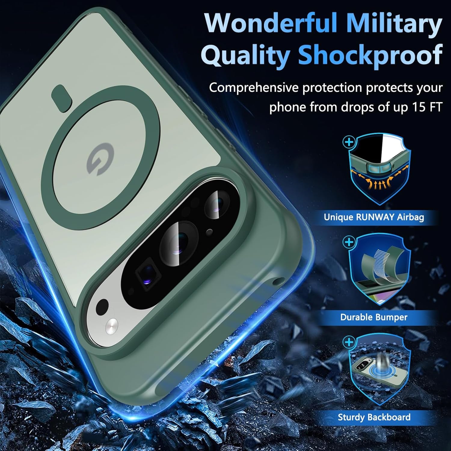 Funda para Google Pixel 10/10 Pro compatible con Magsafe con vidrio templado, [A prueba de golpes, militar], magnética, translúcida, delgada, protectora para Pixel 10/Pixel 10 Pro, verde