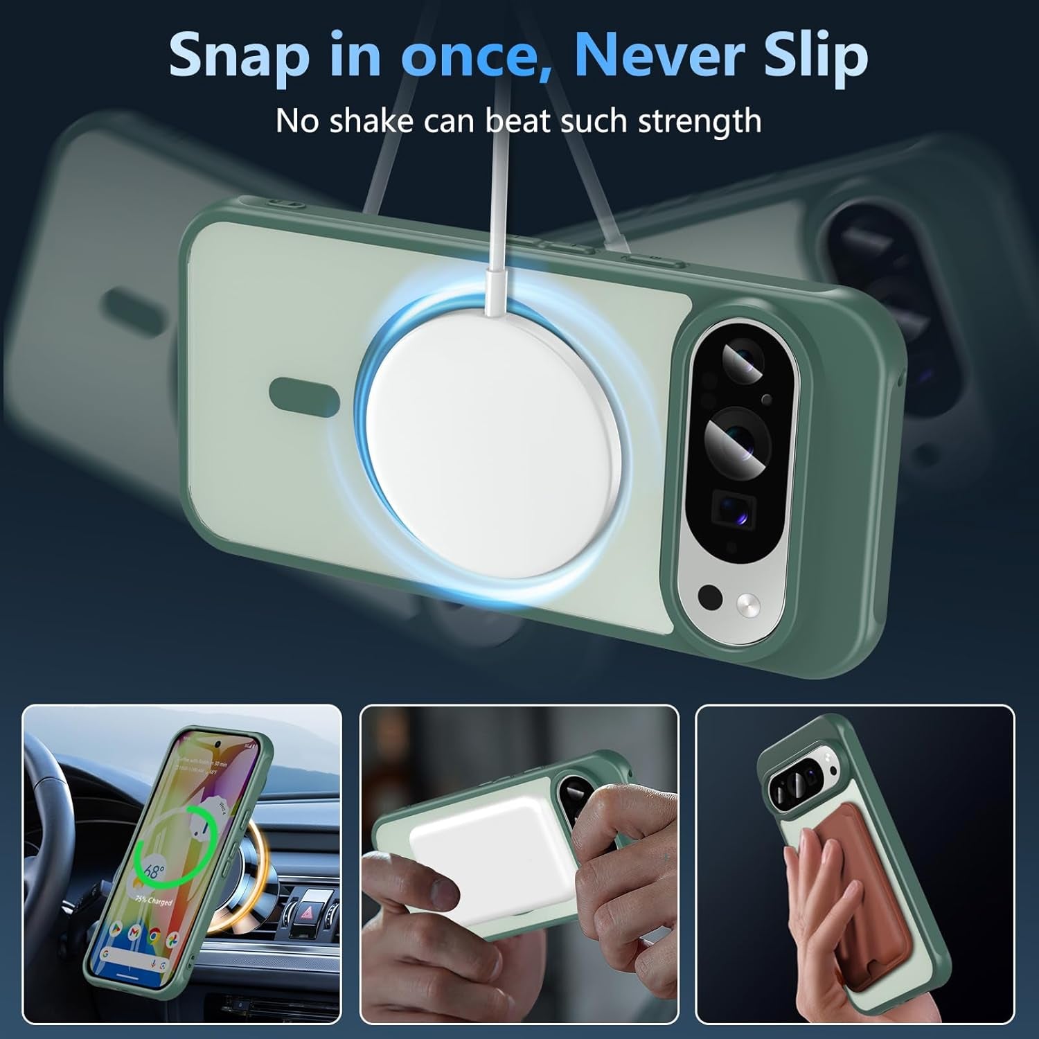 Funda para Google Pixel 10/10 Pro compatible con Magsafe con vidrio templado, [A prueba de golpes, militar], magnética, translúcida, delgada, protectora para Pixel 10/Pixel 10 Pro, verde