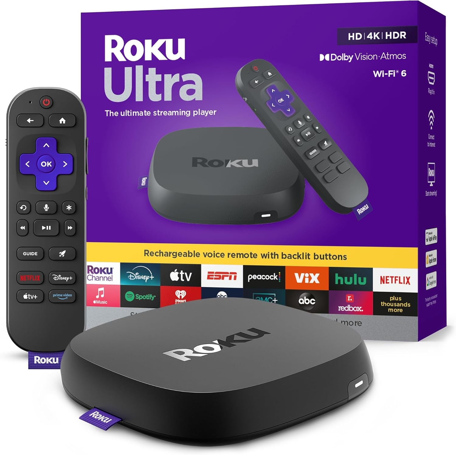 Ultra - Ultimate Streaming Player - 4K Streaming Device for TV with HDR10+, Dolby Vision & Atmos - Bluetooth & Wi-Fi 6- Rechargeable Voice Remote Pro with Backlit Buttons - Free & Live TV