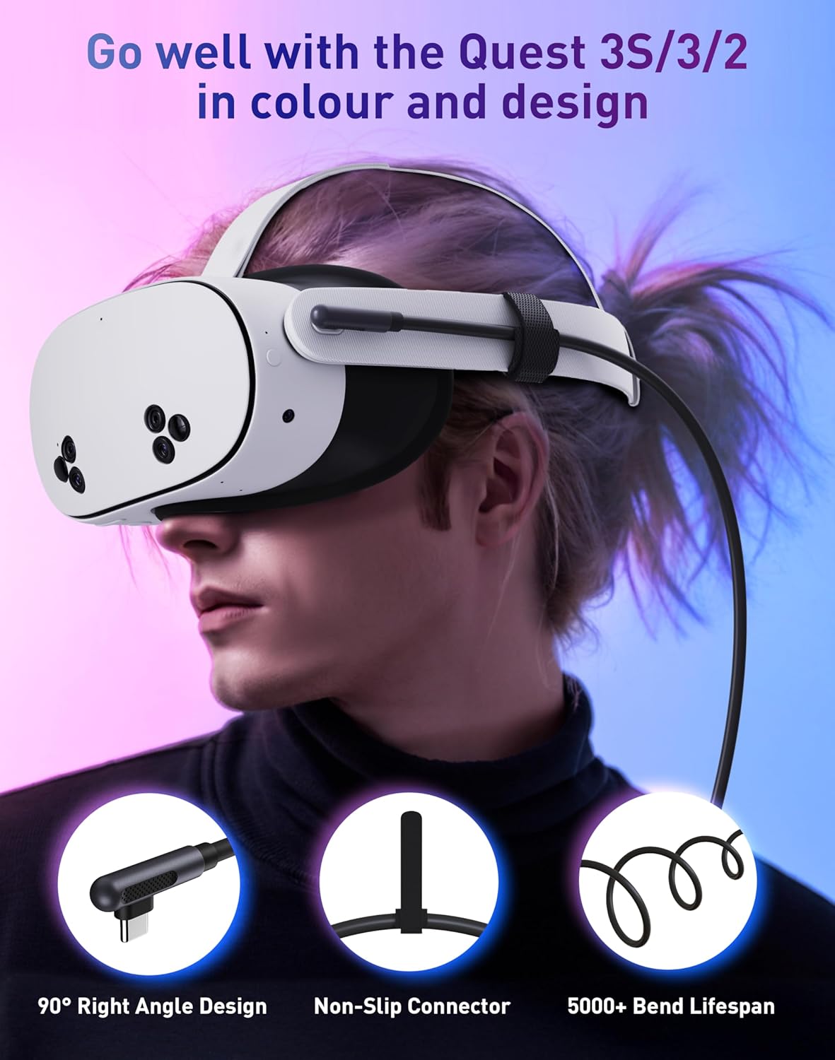 Cable de carga para realidad virtual (VR) de 6 m (chip de última generación), compatible con accesorios Meta Quest 3S/Quest 3/Oculus Quest 2/Pico 4 y PC/SteamVR. ¡Un regalo increíble! Cable USB 3.0 a USB C de 5 Gbps, color negro.