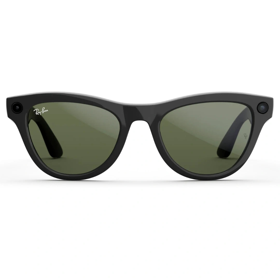 Gafas inteligentes Ray-Ban Meta Wayfarer negras. Vista frontal de la montura y lentes de sol clásicas verdes.