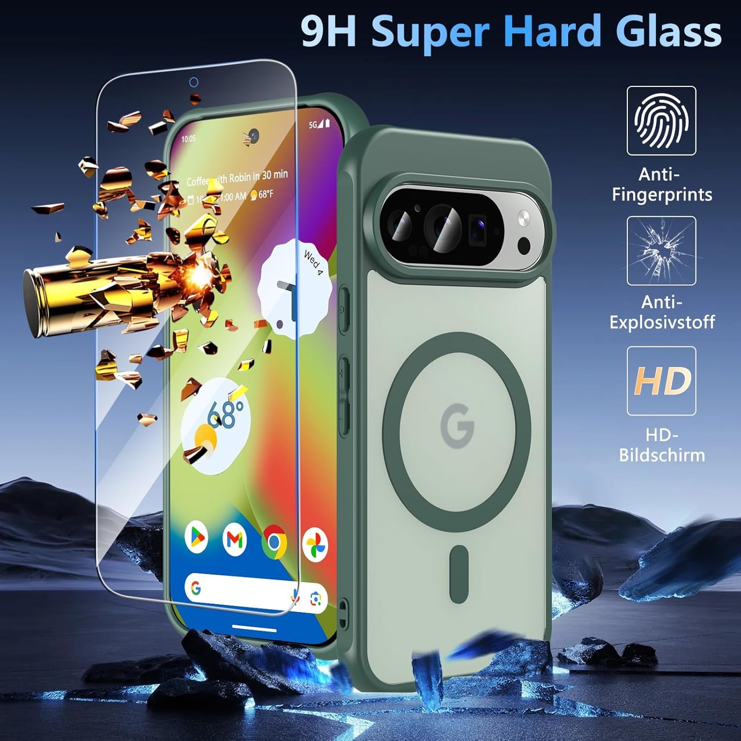 Funda para Google Pixel 10/10 Pro compatible con Magsafe con vidrio templado, [A prueba de golpes, militar], magnética, translúcida, delgada, protectora para Pixel 10/Pixel 10 Pro, verde