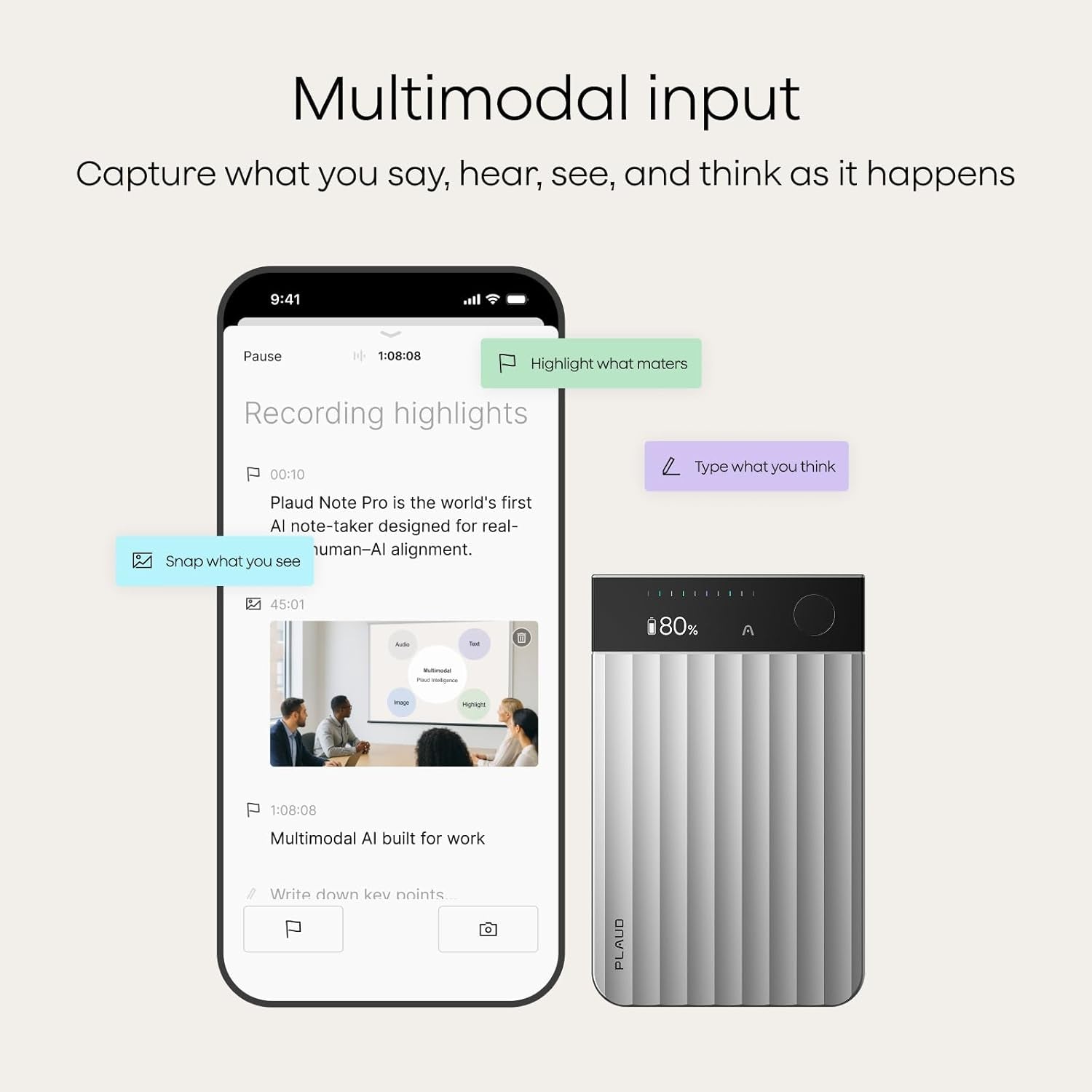 Note Pro AI Voice Recorder, Transcribe & Summarize with AI, App Control, Note Taker for Meetings & Calls, Supports 112 Languages, Ultra-Slim W/Instantview Display, Case Included, Silver