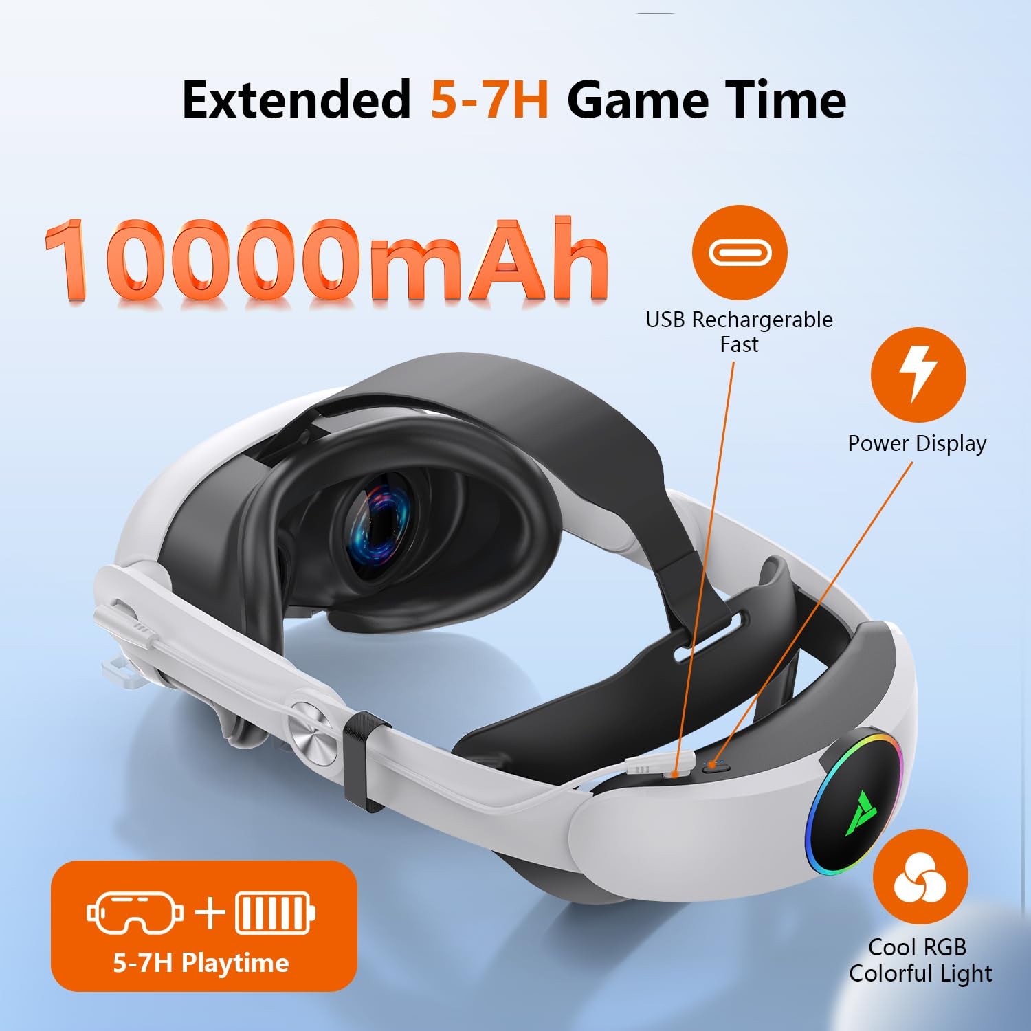 RGB VR Headset for Oculus/Meta Quest 3/3S Head Strap with 10000Mah Battery, Rechargeable Elite Strap Extend 4-6H Playtime and Adjustable for VR Headset Compatible with Quest 3/3S Accessories