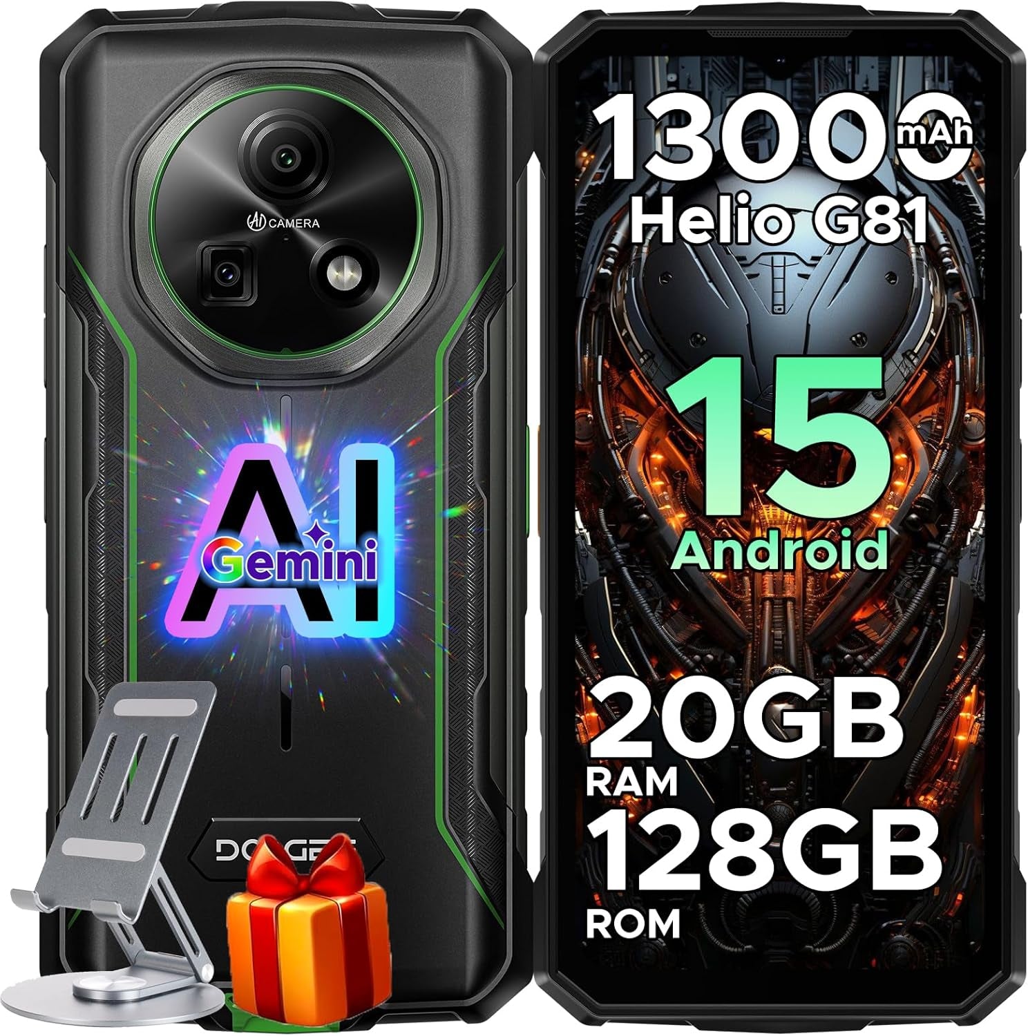 Fire 5 Pro Rugged Phone,13000Mah Battery,Helio G81 Octa Core,Android 15 with Gemini AI,20GB+128GB/2TB,6.6" Hd+90Hz Rugged Smartphone,13Mp+8Mp,Ip68 Waterproof Phone,Nfc/Otg/Triple Card Slot