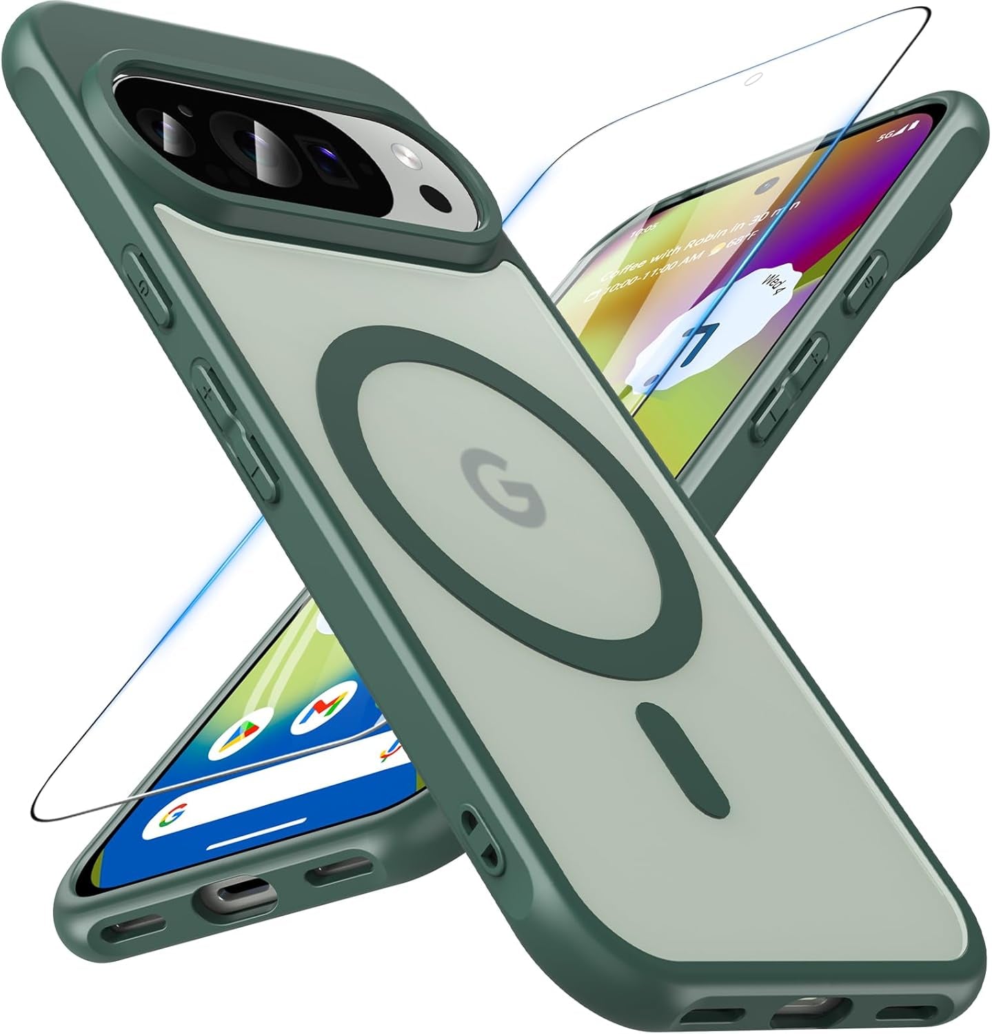 Funda para Google Pixel 10/10 Pro compatible con Magsafe con vidrio templado, [A prueba de golpes, militar], magnética, translúcida, delgada, protectora para Pixel 10/Pixel 10 Pro, verde