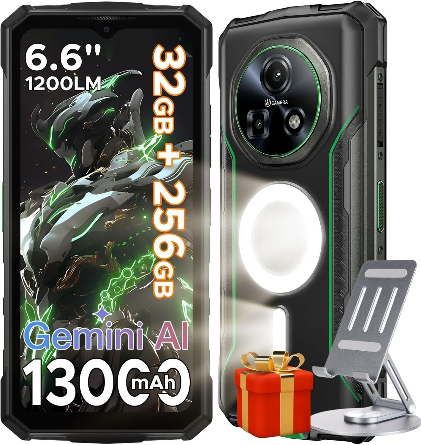 Fire 5 Ultra Rugged Phone,Dual Camping Lights,13000Mah,32Gb+256Gb/2Tb, Android 15 with Gemini AI Rugged Smartphone,Helio G81 Octa Core , 48Mp+8Mp,6.6"Hd+90Hz, IP68/IP69K, 4G LTE/NFC/3 Card Slot