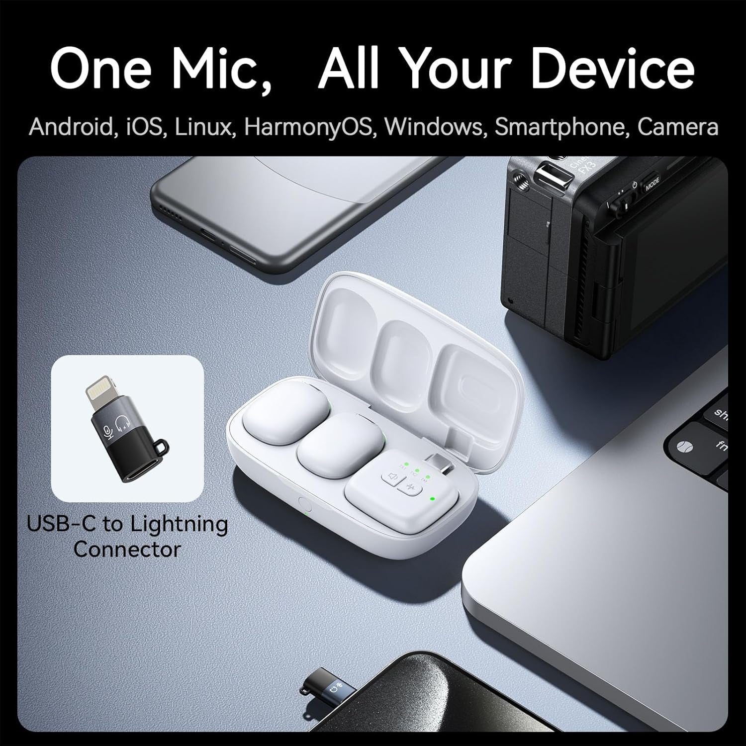 A30 Tiny Mic Magnetic (White), Wireless Lavalier Microphone Mini Size, Noise Cancellation, 164 Ft Range, 20H Battery Life, Lapel Microphone for Video Recording, DSLR, Iphones, Android, PC