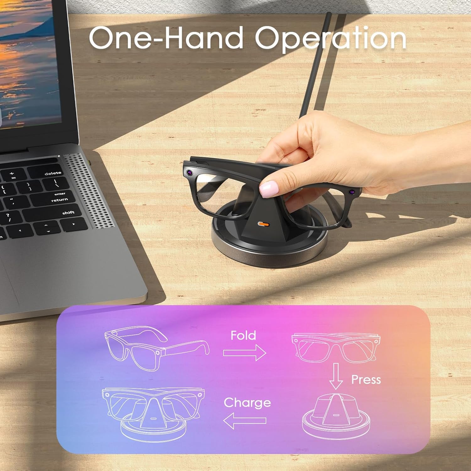 Estación de carga para gafas Meta Ray-Ban - Cargador portátil compacto Wayfarer, Skyler y Headliner, compatible con Oakley Meta HSTN, indicador LED, gris espacial