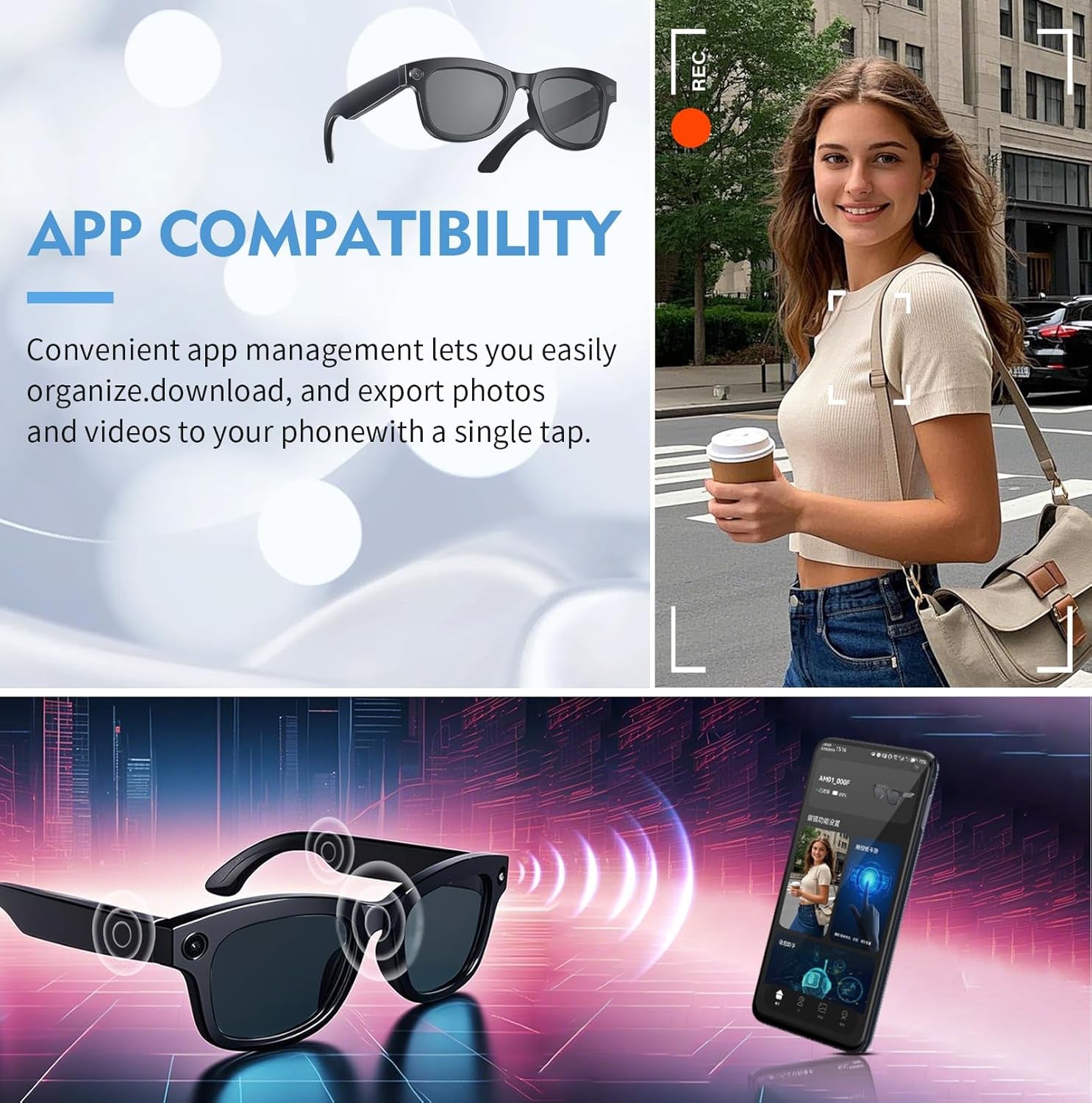 AI Smart Glasses with Chatgpt & 500W Camera | Video Recording, Sunglasses for Real-Time Translation, Music Control, EIS Stabilization | Wifi/Bluetooth 5.3 Smart Eyewear for Travel, Meetings