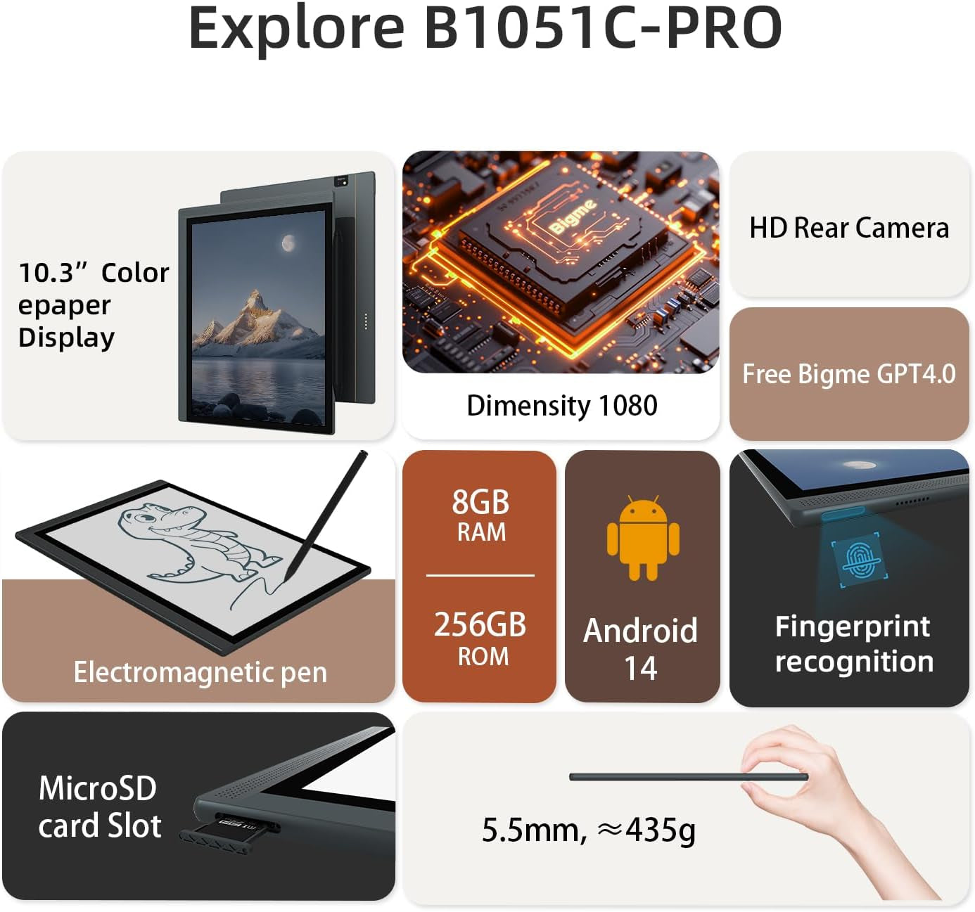 10.3" Color E-Ink Read-Write Tablet, Epaper Note Taking Tablet at 5.5Mm Thickness, 8GB RAM+256GB ROM Computer Tablets Touchscreen Display with 5MP Camera and Digital Stylus