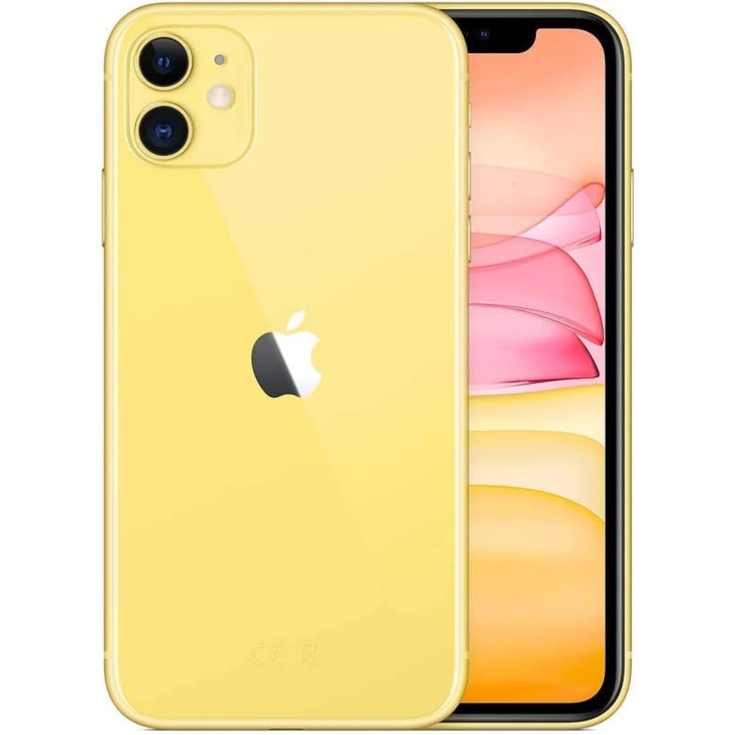 Vista frontal y trasera de un iphone 11 reacondicionado color amarillo
